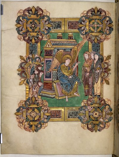 Three Maries at the Sepulchre, from The Benedictional of St Æthelwold, c.963-984 (tinta e ouro sobre pergaminho) de English School
