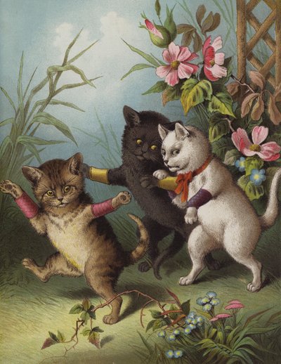 Três pequenos gatinhos num jardim (chromolitho) de English School