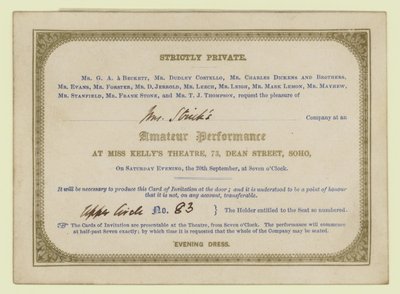 Bilhete para o desempenho dramático amador de Charles Dickens, 1845 de English School