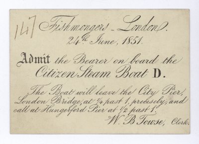 Bilhete para peixarias de Londres para fazer uma viagem de barco no barco a vapor Citizen, 24 de junho de 1851 de English School