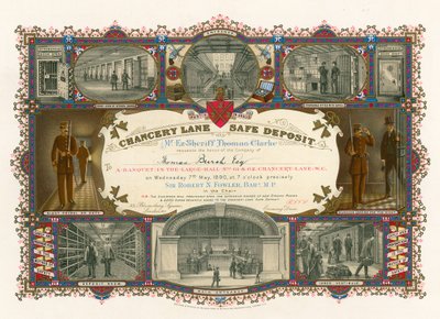 Bilhete para um banquete no grande salão do depósito seguro de Lane Chancery, 61-62 Chancery Lane, Londres de English School
