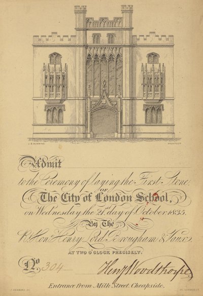 Bilhete para a colocação da primeira pedra da Escola da Cidade de Londres, 21 de outubro de 1835 de English School