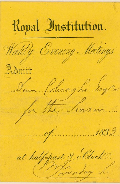 Bilhete de admissão à Royal Institution, Albemarle Street, Londres, para uma palestra de Michael Faraday de English School
