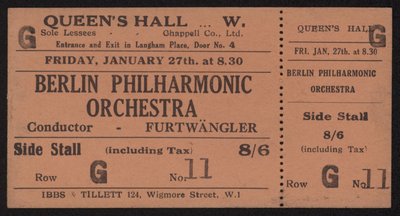 Bilhete para um concerto da Orquestra Filarmônica de Berlim, Queens Hall, Londres Sexta-feira, 27 de janeiro de 1928 de English School