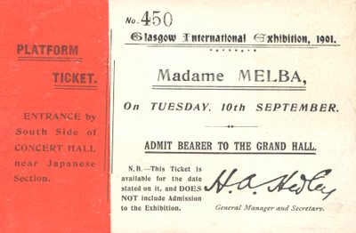 Bilhete para ouvir Nellie Melba na Exposição Internacional de Glasgow, 1901 (impressão) de English School
