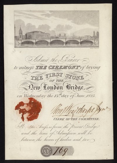 Bilhete para a cerimónia de colocação da primeira pedra da nova ponte de Londres de English School