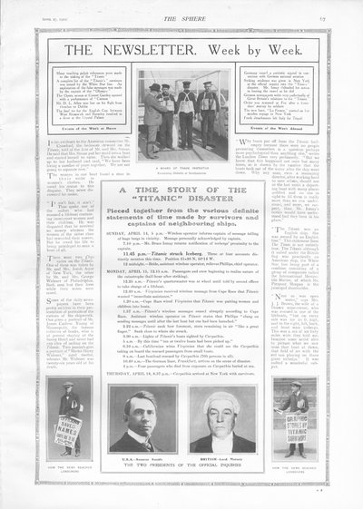 Cronograma de eventos e artigos sobre o naufrágio do Titanic, de The Sphere, 27 de abril de 1912 de English School