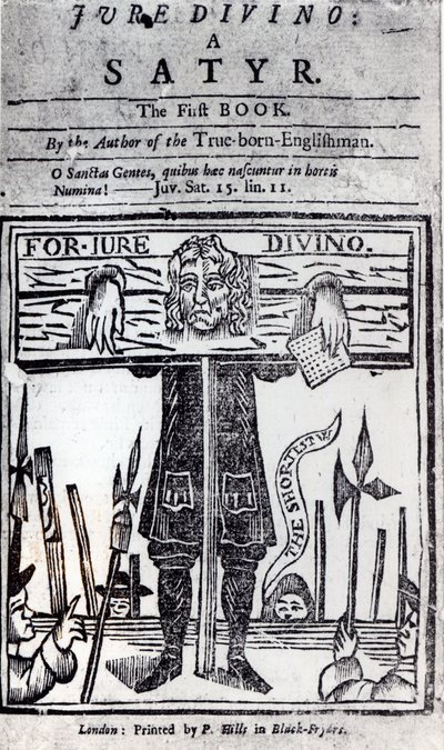 Página de rosto do primeiro livro de Jure Divino - Um Sátiro de Daniel Defoe (1660-1731) publicado em 1706 de English School