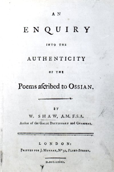 Página de rosto de um inquérito sobre a autenticidade dos poemas atribuídos a Ossian por William Shaw, publicado em 1781 (impresso) de English School