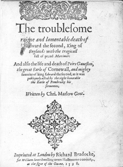 Página de rosto de Edward II por Christopher Marlowe, publicado em 1598 (impresso) de English School