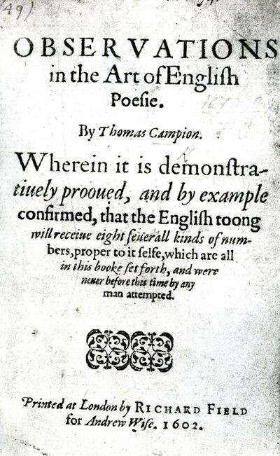 Página de rosto para observações na arte da poesia inglesa por Thomas Campion, publicado em 1602 (impresso) de English School
