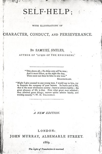 Página de título para Autoajuda; com Ilustrações de Personagem, Conduta e Perseverança, de Samuel Smiles, publicado em 1869 (impresso) de English School