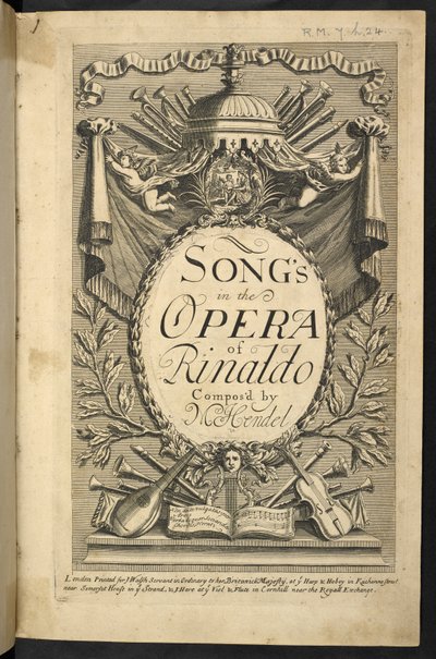Página de título para "Canções na Ópera de Rinaldo" de Friedrich Handel de English School