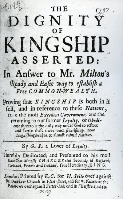 Página de rosto de The Dignity of Kingship Asserido por GS um Lover of Loyalty, publicado em 1660 (papel impresso) de English School