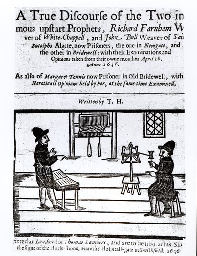 Página de rosto de um verdadeiro discurso dos dois profetas infames, Richard Farnham, Weaver, de White-Chapel, e John Bull, Weaver, de Saint Botolphs, Algate por TH 1636 de English School