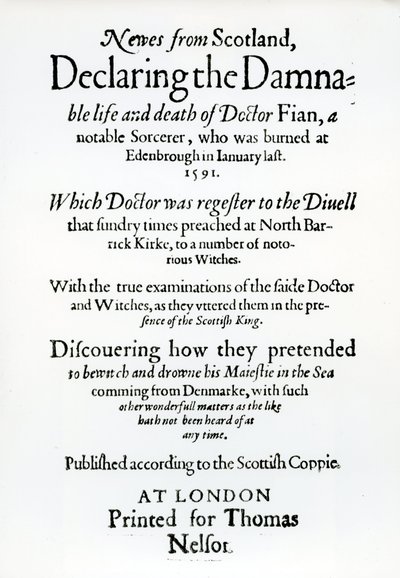 Página de rosto Newes from Scotland, Declaring the Damnable life and death of Dr Fian, 1591 de English School