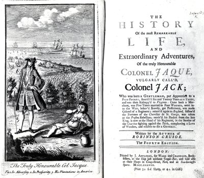 Página de rosto e frontispício para a história da vida mais notável e aventuras extraordinárias do verdadeiramente honrado coronel Jaque por Daniel Defoe, 1738 de English School