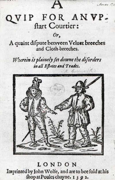 Página de rosto de A Quip for the Courter Upstart por Robert Greene, 1592 de English School