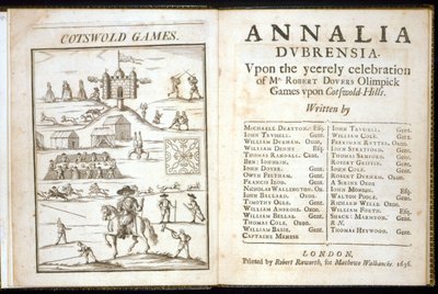 Página de título de Annalia Dubrensia: Após a celebração do Sr. Robert Dovers Olimpick Games em Cotswold Hills, 1636 de English School