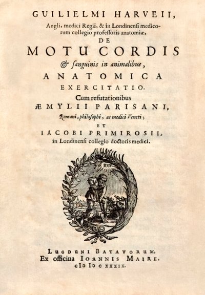 Página de título de "De Motu Cordis set Sanguinis in Animalibus" (O movimento do coração e do sangue nos seres vivos) de William Harvey (1578-1657) publicado em 1628. de English School