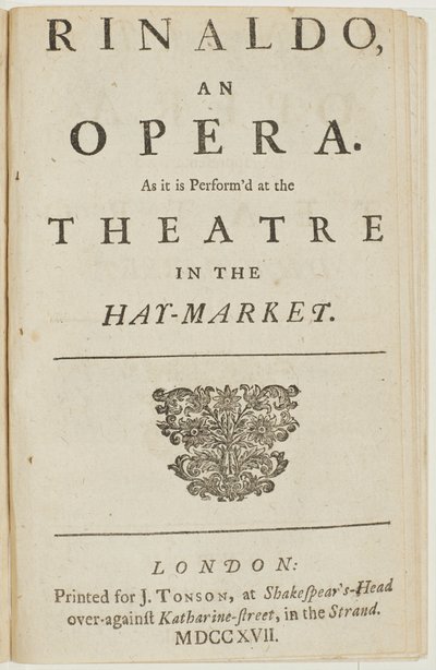 Página de rosto do libreto da ópera de Handel "Rinaldo", de Giacomo Rossi, 1717 de English School