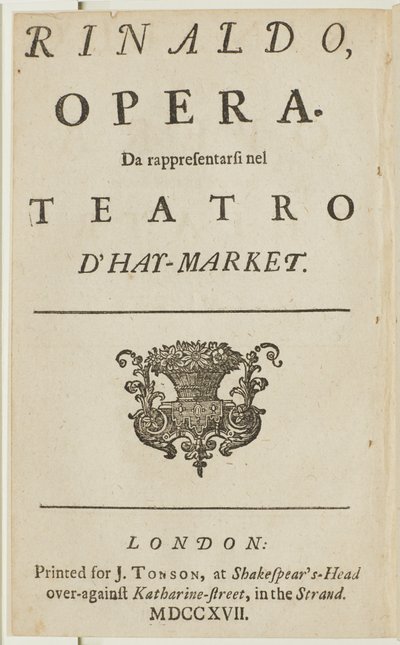 Página de rosto do libreto da ópera de Handel "Rinaldo", de Giacomo Rossi, 1717 de English School