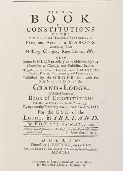 Página de rosto do Livro de Constituições Spratts para a Grande Loja na Irlanda, 1751 de English School
