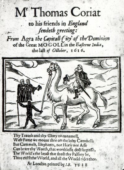 Página de rosto de Thomas Coryats postumamente impresso conta de suas viagens na Índia, publicado em Londres, 1618 (papel impresso e xilogravura) de English School