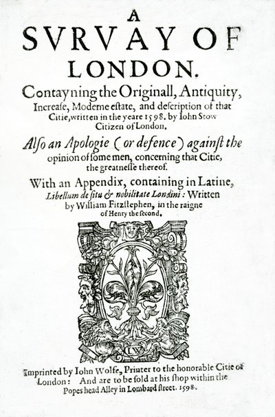 Página de rosto de A Survey of London, de John Stow, publicado em 1598 (impresso) de English School
