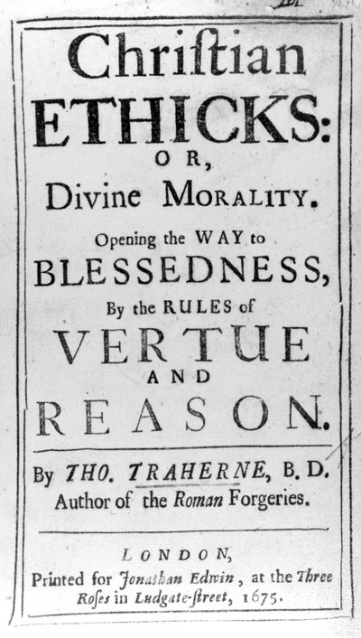 Página de título para Christian Ethicks por Thomas Traherne, publicado em 1675 de English School