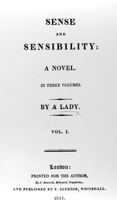 Página de título para Sense and Sensibility de Jane Austen, primeira edição, 1811 de English School