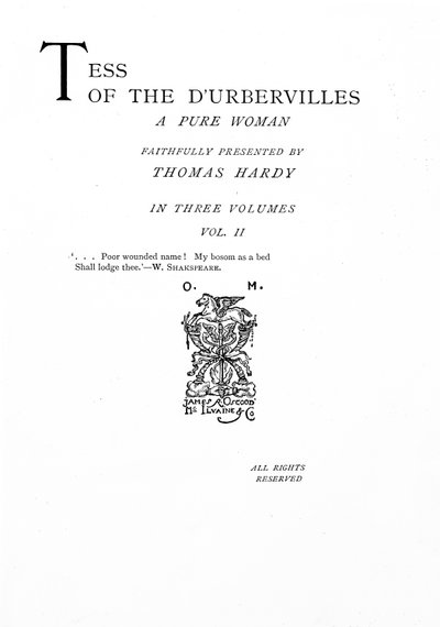 Página de título para &39;Tess of the D&39;Urbervilles&39; de Thomas Hardy, edição publicada em 1892 (impresso) de English School