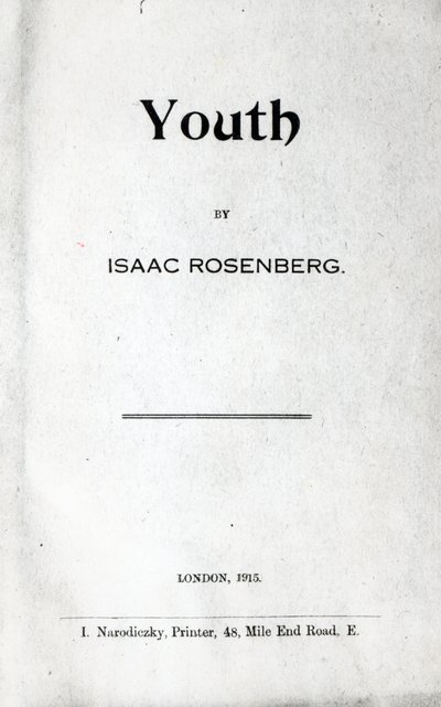 Página de rosto de Youth, uma coleção de poemas de Isaac Rosenberg, primeira edição de 1915 (impressão) de English School