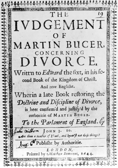 Título do Julgamento de Martin Bucer sobre o divórcio de John Milton, publicado em 1644 (impresso) de English School