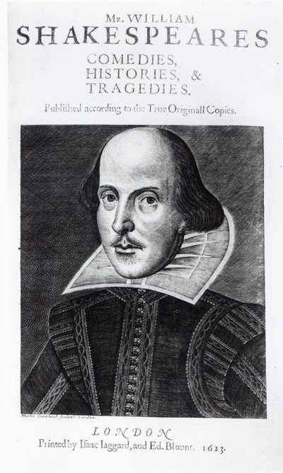 Titlepage of &39;Mr. Comédias, histórias e tradições de William Shakespeares, gravadas por Martin Droeshout, 1623 de English School
