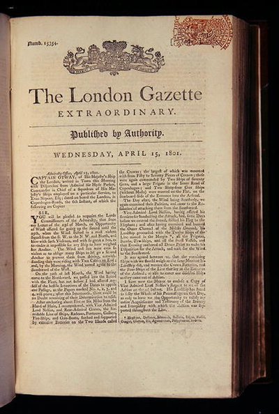 Página de título de "The London Gazette" (A Gazeta de Londres) de English School