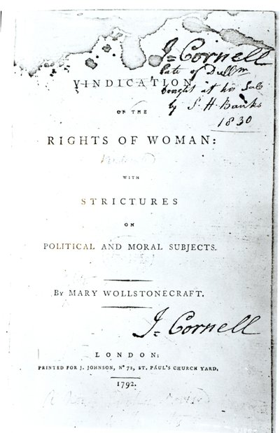 Titlepage of Vindication of the Rights of Woman, de Mary Wollstonecraft, publicado em 1792 de English School
