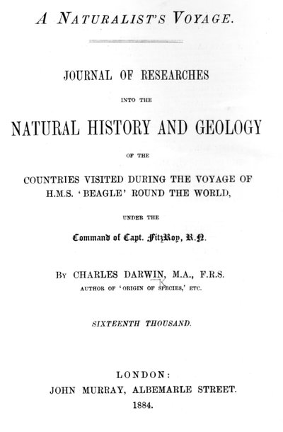 Titlepage to A Naturalists Voyage Around the World, de Charles Darwin, edição publicada em 1884 (impresso) de English School
