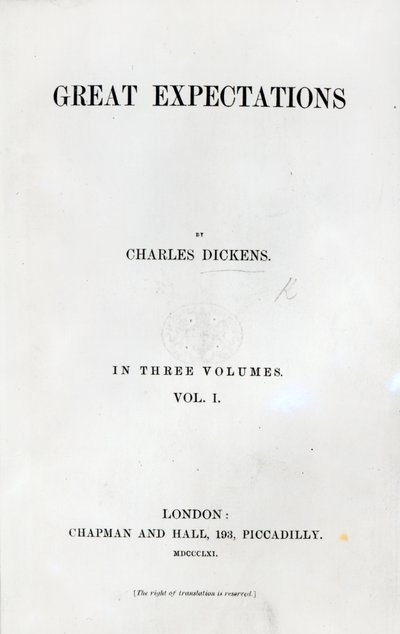 Titlepage to Great Expectations por Charles Dickens, primeiro volume de edição, 1861 (impressão) de English School