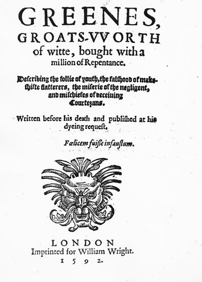 Título para Greenes Groats-Worth of Wit, atribuído a Robert Greene, publicado em 1592 (impresso) de English School