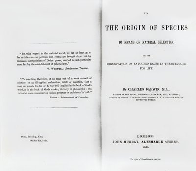 Página do título sobre a origem das espécies, de Charles Darwin, publicada em 1859 de English School