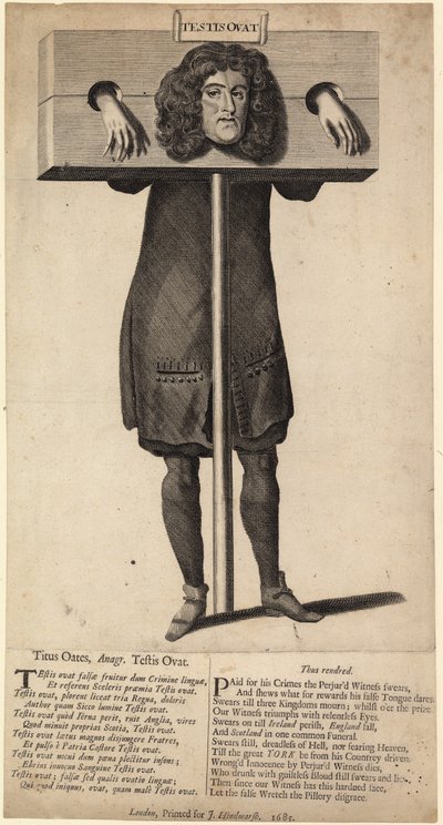 Titus Oates no pelourinho, publicado em 1685 de English School