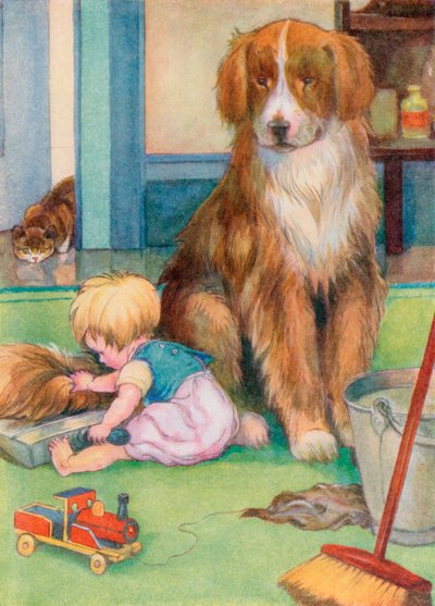 Toddler a brincar com a cauda de um cão (cor litho) de English School