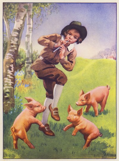 Tom, Tom, o Filho do Flautista e os Três Porquinhos (litografia a cores) de English School