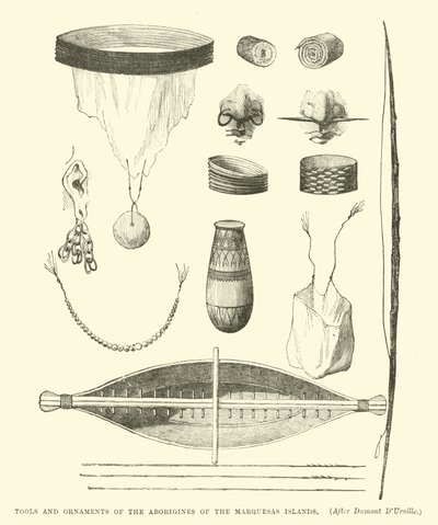 Ferramentas e ornamentos dos aborígenes das Ilhas Marquesas, depois de Dumont DUrville de English School