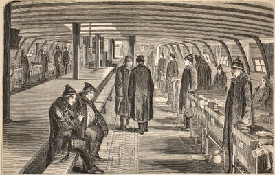 Plataforma superior do navio de hospital de Unite, unido aos hulks em Woolwich, ilustração das prisões criminosas de Londres e cenas da vida da prisão por Henry Mayhew e por John Binny, bar. 1862 (engravin de English School