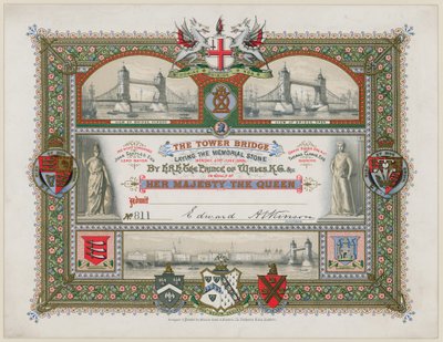 Tower Bridge, Londres, convite para a colocação da pedra memorial, 21 de junho de 1886 de English School