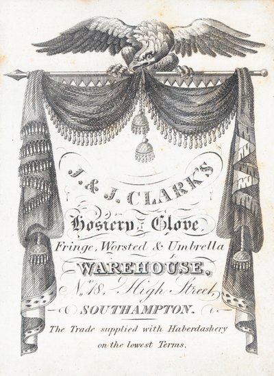 Cartão de comércio, armazém de meias e luvas da J & J Clarks de English School