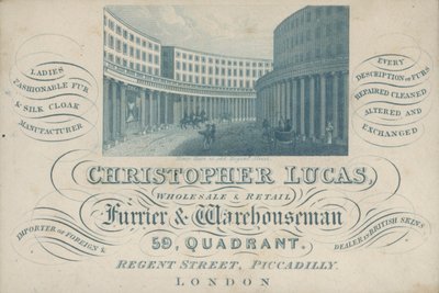 Publicidade de cartões comerciais Christopher Lucas, grossista e retalhista furrier and warehouseman, 59, Quadrant, Regent Street, Piccadilly, Londres (gravura) de English School