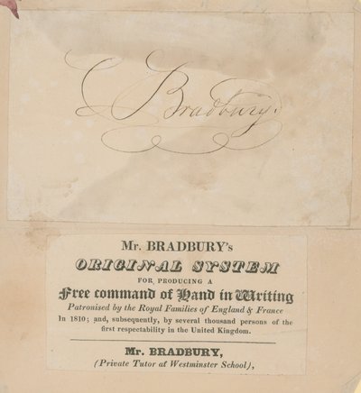 Cartão comercial para o sistema original do Sr. Bradburys para produzir um comando livre de mão por escrito de English School